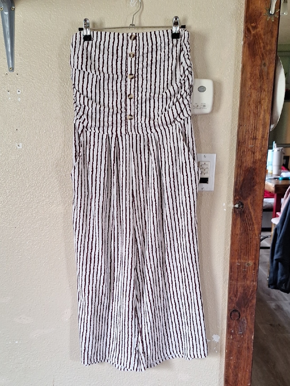J for Justify White Jumpsuit with Burgundy Vertical Stripes